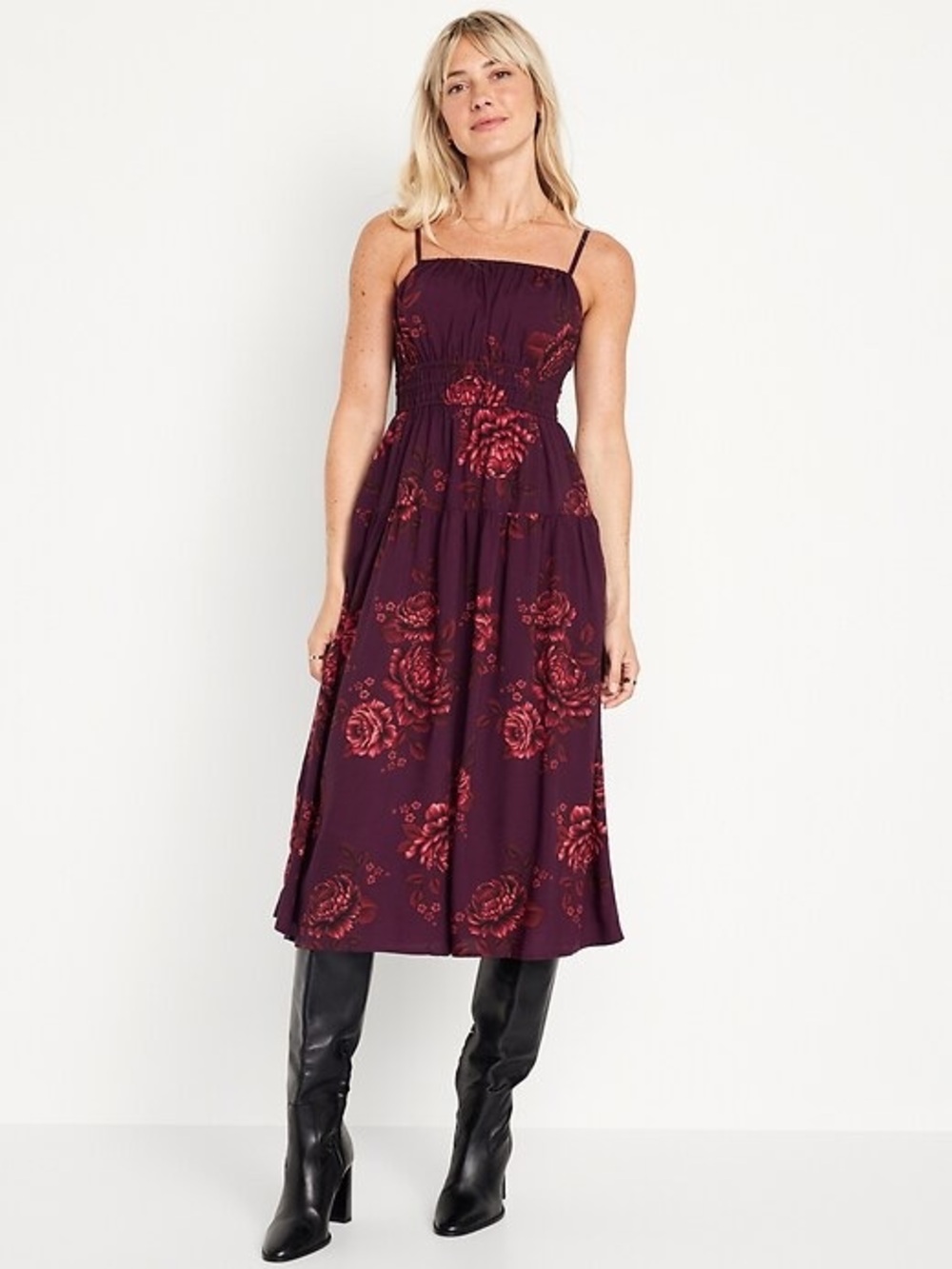 Old Navy Burgundy Floral Midi Dress Spaghetti Straps Size XL Women